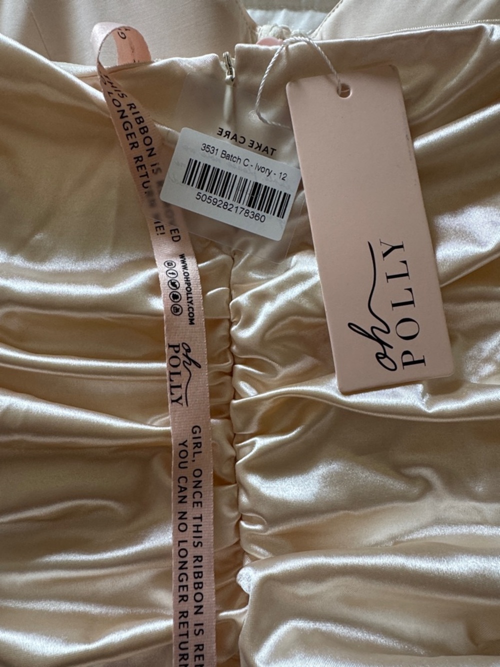 Oh Polly Ivory Satin Ruched Off-Shoulder Mini Dress - Picture 3 of 3